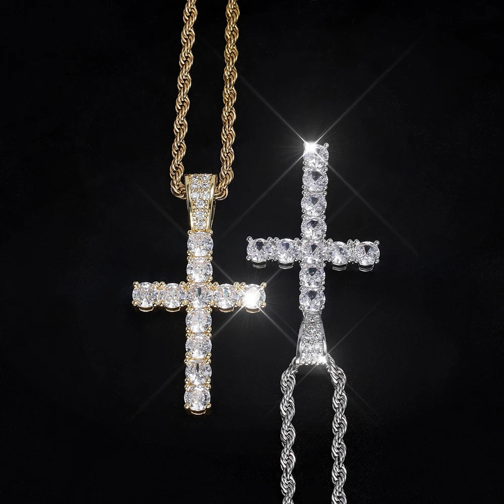 Gold Cross Necklace - 14K Gold Plated Iced Out Pendant With Twisted Chain For Men & Women - ZOOMNSTORE