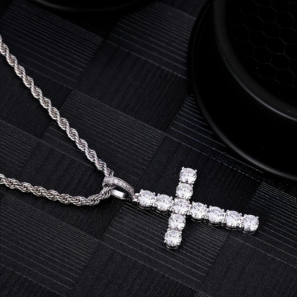 Gold Cross Necklace - 14K Gold Plated Iced Out Pendant With Twisted Chain For Men & Women - ZOOMNSTORE