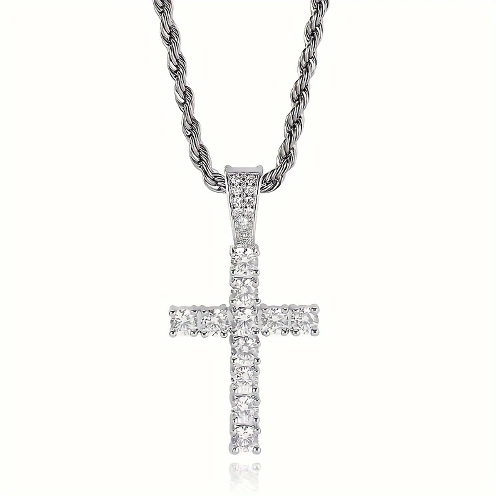 Gold Cross Necklace - 14K Gold Plated Iced Out Pendant With Twisted Chain For Men & Women - ZOOMNSTORE