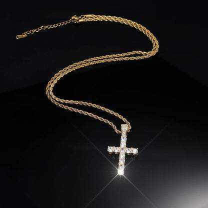 Gold Cross Necklace - 14K Gold Plated Iced Out Pendant With Twisted Chain For Men & Women - ZOOMNSTORE
