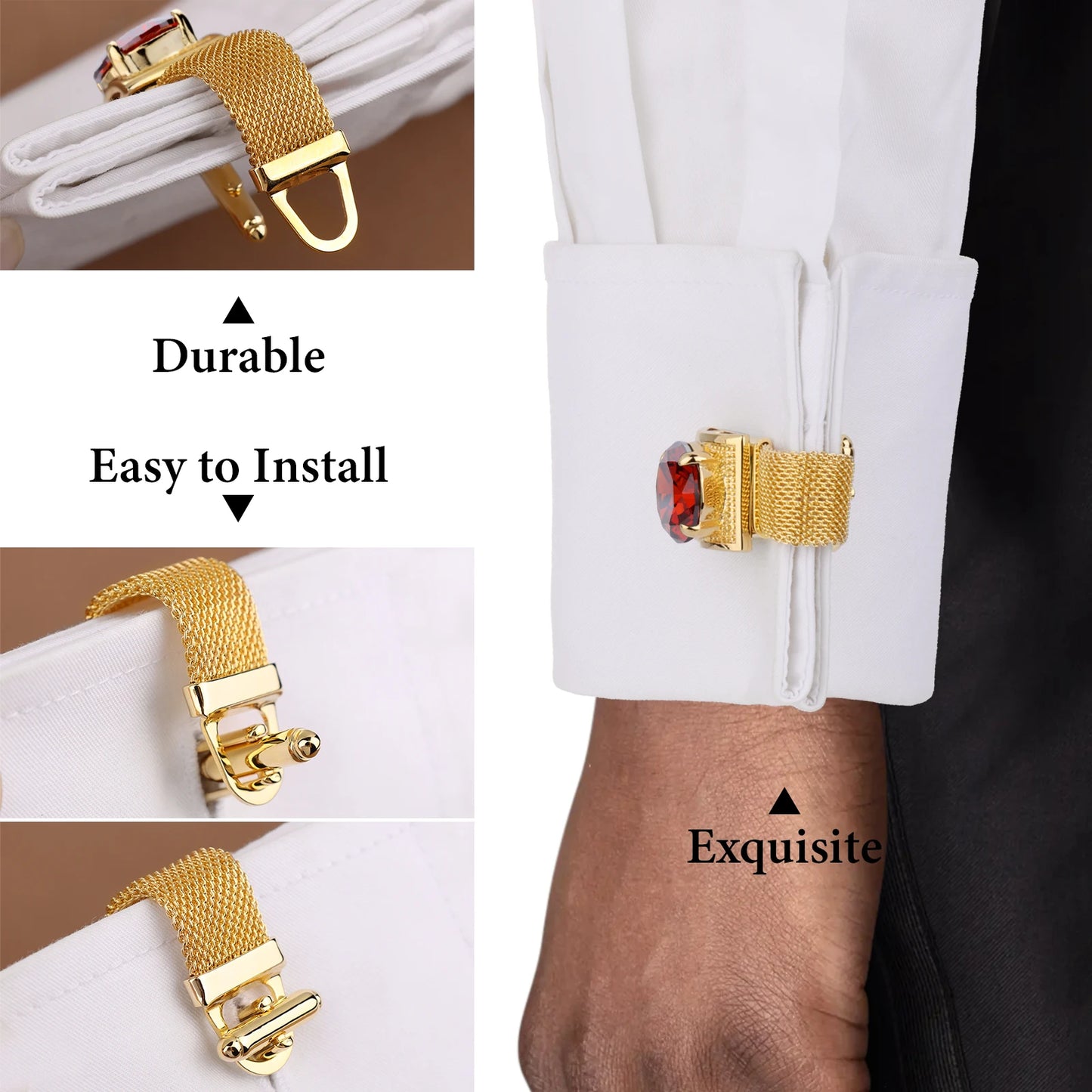Luxury Gold Tone Crystal Cufflinks Set for Men - Wedding Shirt Accessories with Chain and Gemstones - ZOOMNSTORE