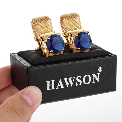 Luxury Gold Tone Crystal Cufflinks Set for Men - Wedding Shirt Accessories with Chain and Gemstones - ZOOMNSTORE