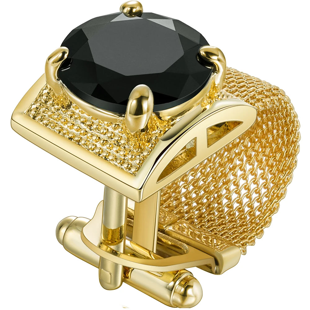 Luxury Gold Tone Crystal Cufflinks Set for Men - Wedding Shirt Accessories with Chain and Gemstones - ZOOMNSTORE