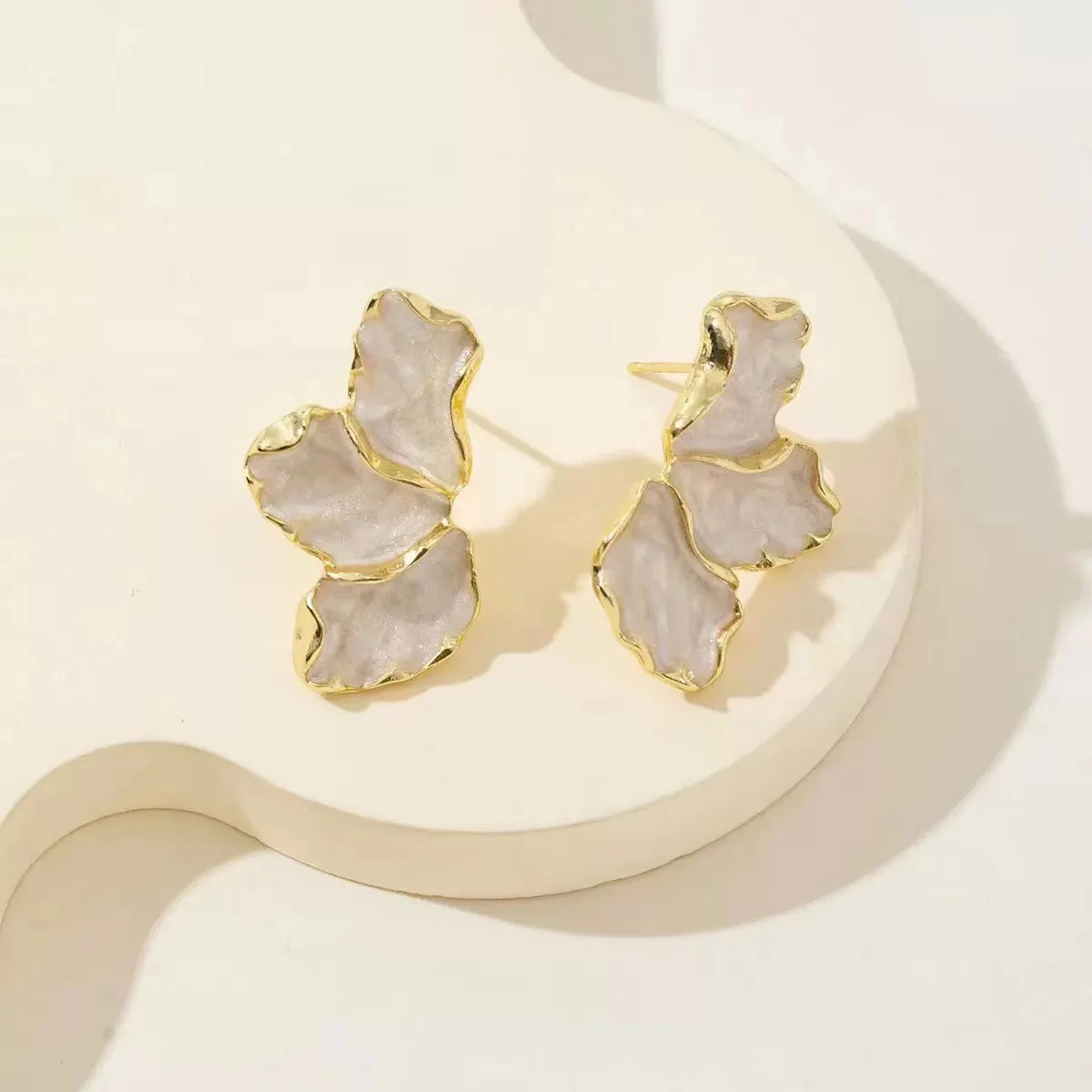 Gold Plated Earrings - Delicate Cream Flower Studs With Irregular Shape Design - ZOOMNSTORE