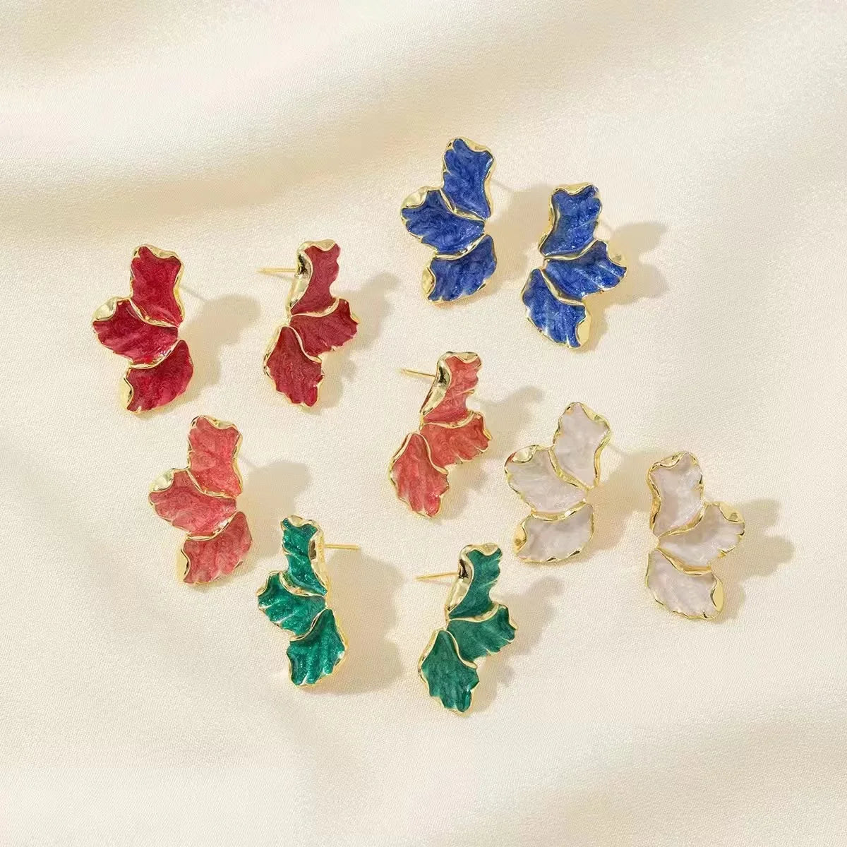 Gold Plated Earrings - Delicate Cream Flower Studs With Irregular Shape Design - ZOOMNSTORE