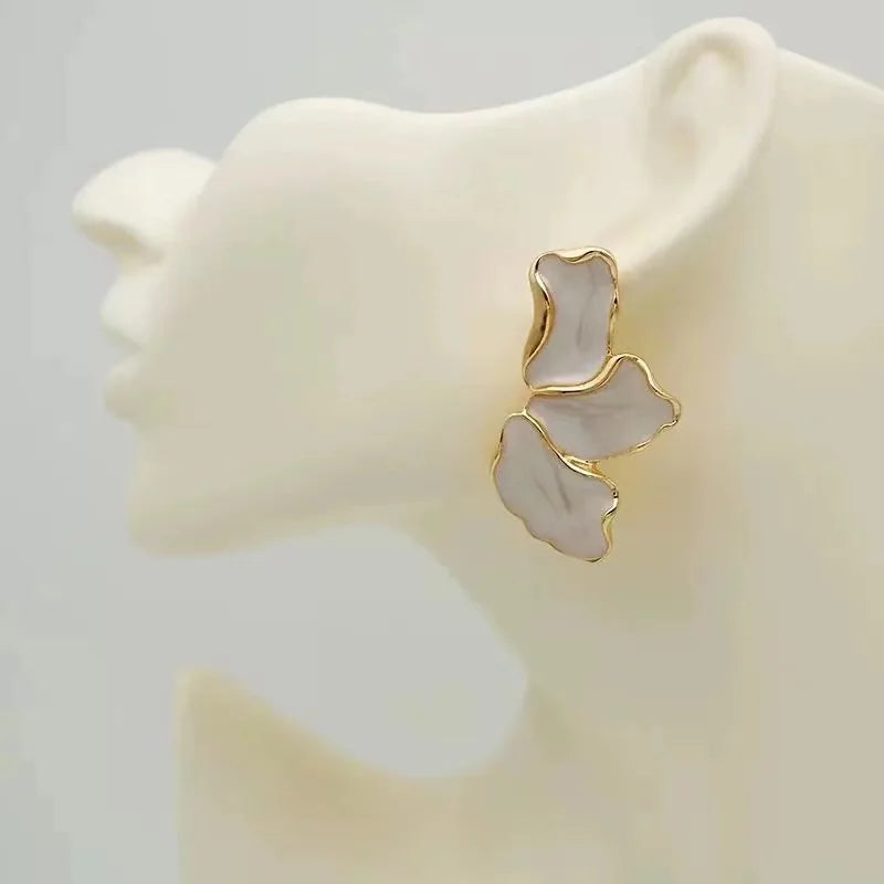 Gold Plated Earrings - Delicate Cream Flower Studs With Irregular Shape Design - ZOOMNSTORE