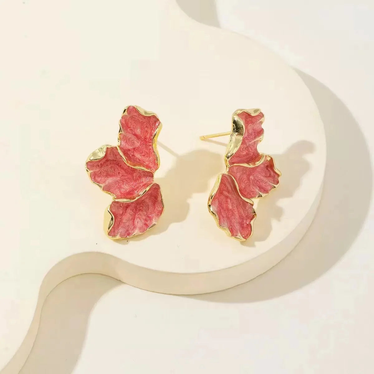 Gold Plated Earrings - Delicate Cream Flower Studs With Irregular Shape Design - ZOOMNSTORE