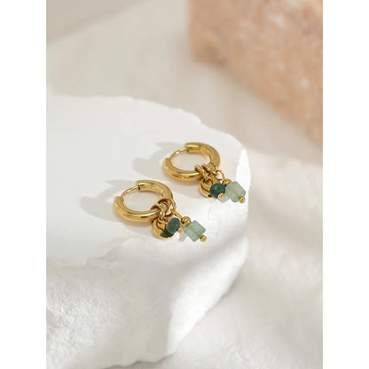 Gold Plated Hoop Earrings – Vintage Stainless Steel 18K Natural Stone Charms - ZOOMNSTORE