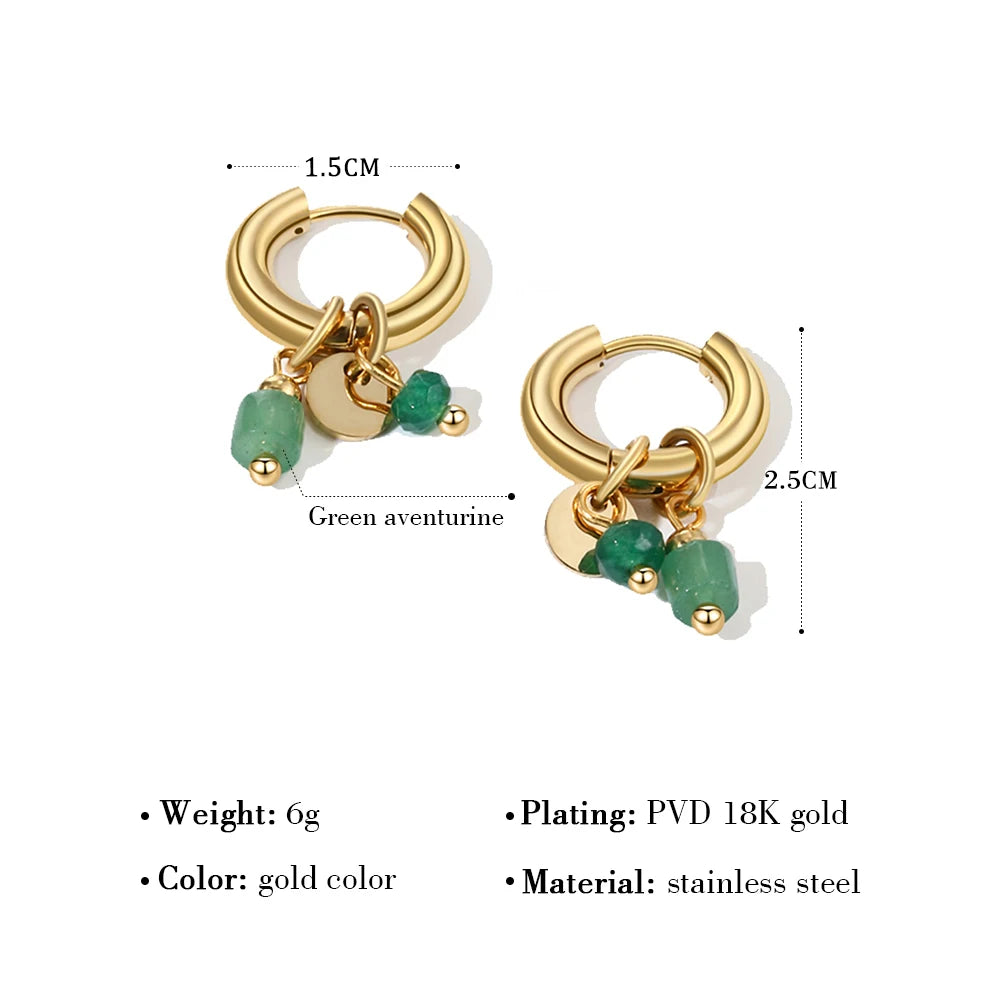 Gold Plated Hoop Earrings – Vintage Stainless Steel 18K Natural Stone Charms - ZOOMNSTORE