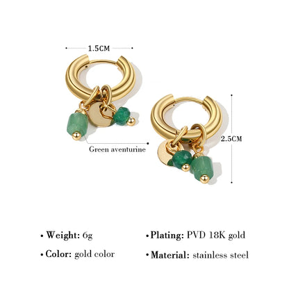 Gold Plated Hoop Earrings – Vintage Stainless Steel 18K Natural Stone Charms - ZOOMNSTORE