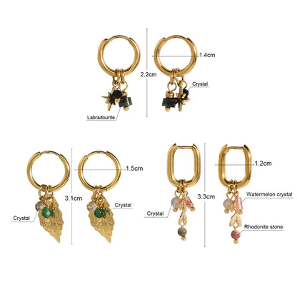 Gold Plated Hoop Earrings – Vintage Stainless Steel 18K Natural Stone Charms - ZOOMNSTORE