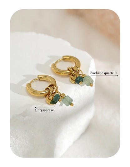 Gold Plated Hoop Earrings – Vintage Stainless Steel 18K Natural Stone Charms - ZOOMNSTORE