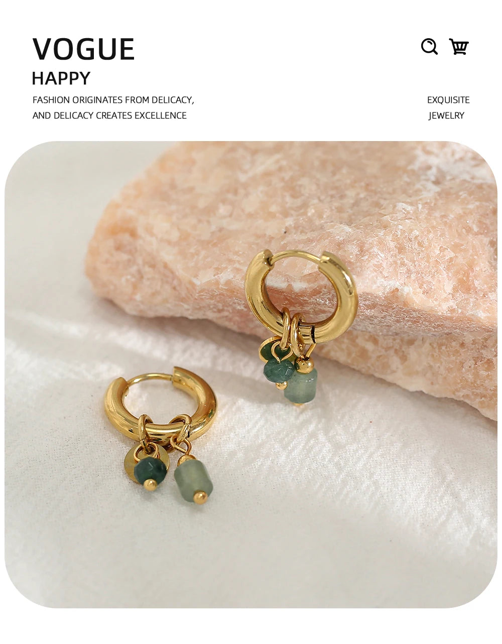 Gold Plated Hoop Earrings – Vintage Stainless Steel 18K Natural Stone Charms - ZOOMNSTORE