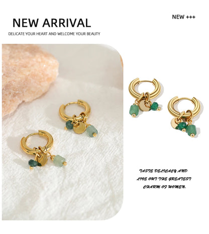 Gold Plated Hoop Earrings – Vintage Stainless Steel 18K Natural Stone Charms - ZOOMNSTORE