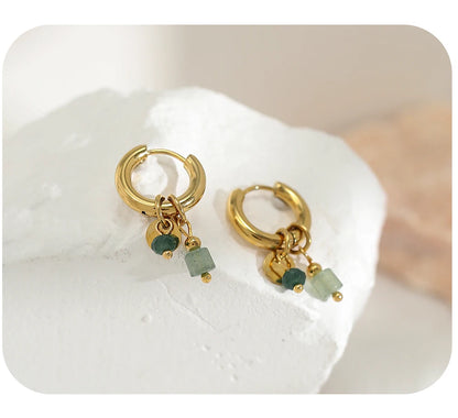 Gold Plated Hoop Earrings – Vintage Stainless Steel 18K Natural Stone Charms - ZOOMNSTORE