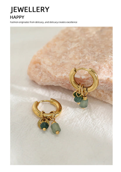 Gold Plated Hoop Earrings – Vintage Stainless Steel 18K Natural Stone Charms - ZOOMNSTORE