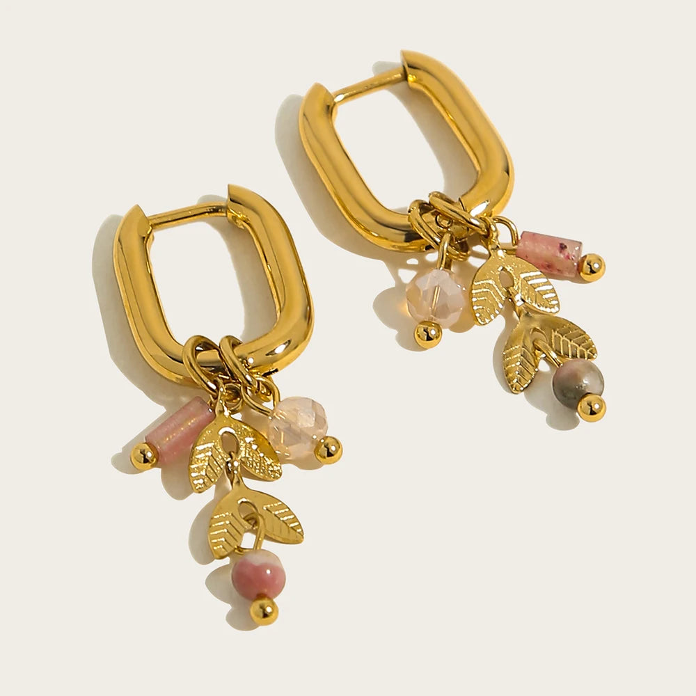 Gold Plated Hoop Earrings – Vintage Stainless Steel 18K Natural Stone Charms - ZOOMNSTORE