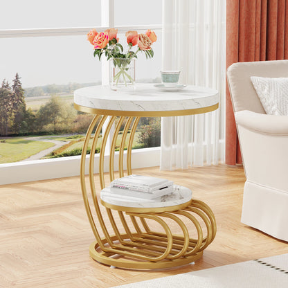 Gold Round End Table – Faux Marble Side Table with 2 Tier Storage Shelf & Stylish Metal Frame - ZOOMNSTORE
