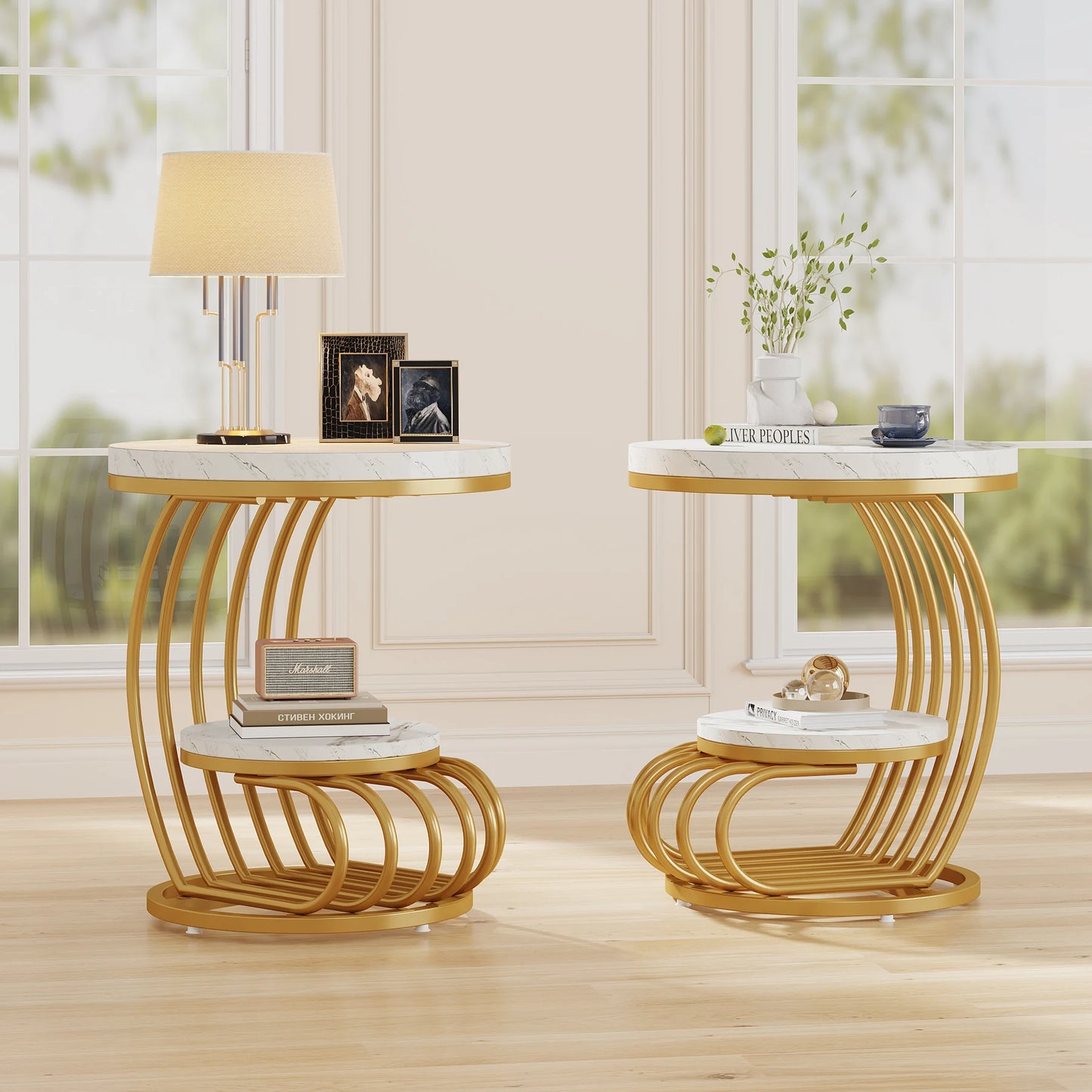 Gold Round End Table – Faux Marble Side Table with 2 Tier Storage Shelf & Stylish Metal Frame - ZOOMNSTORE