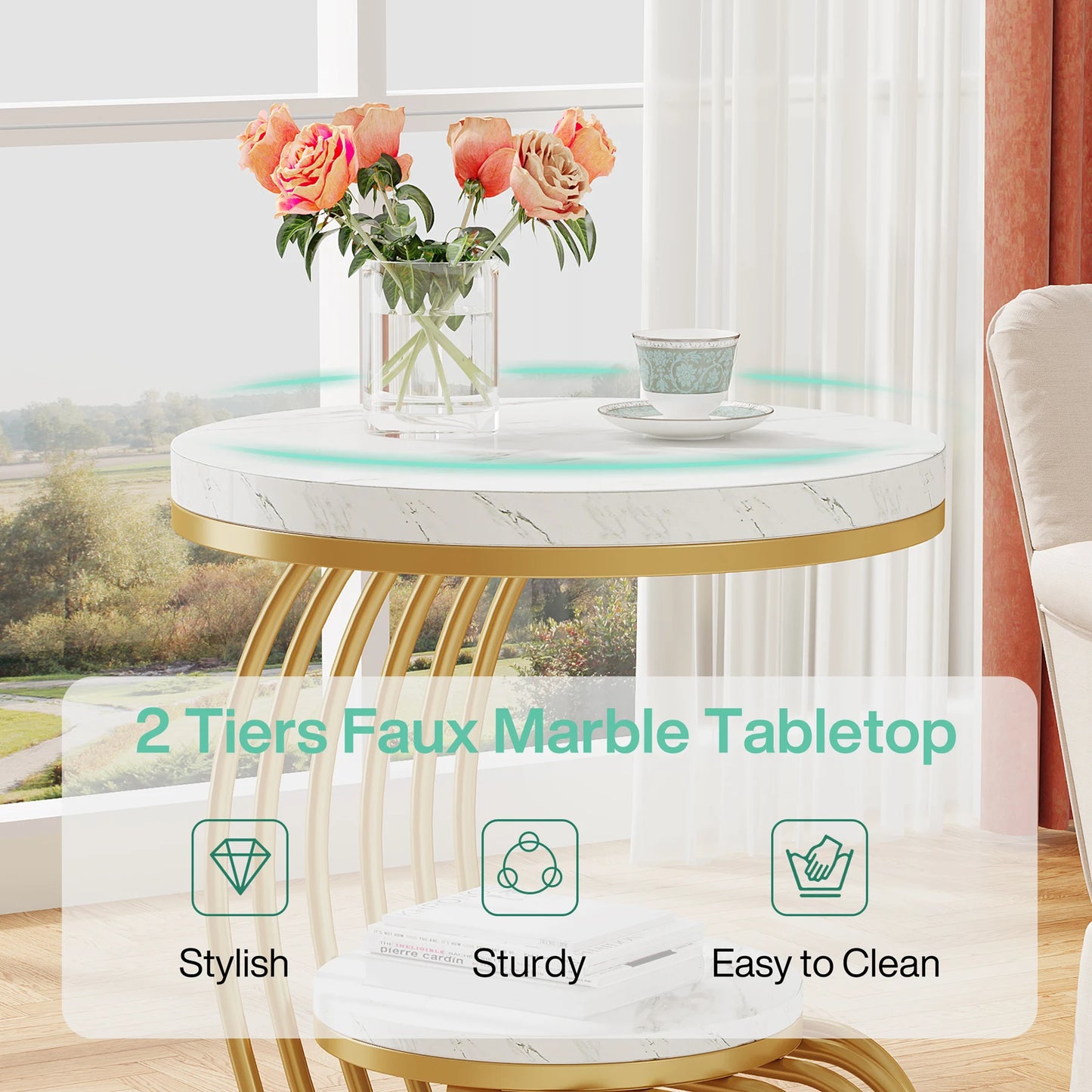 Gold Round End Table – Faux Marble Side Table with 2 Tier Storage Shelf & Stylish Metal Frame - ZOOMNSTORE