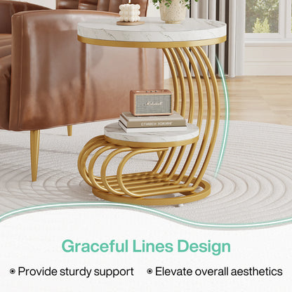 Gold Round End Table – Faux Marble Side Table with 2 Tier Storage Shelf & Stylish Metal Frame - ZOOMNSTORE