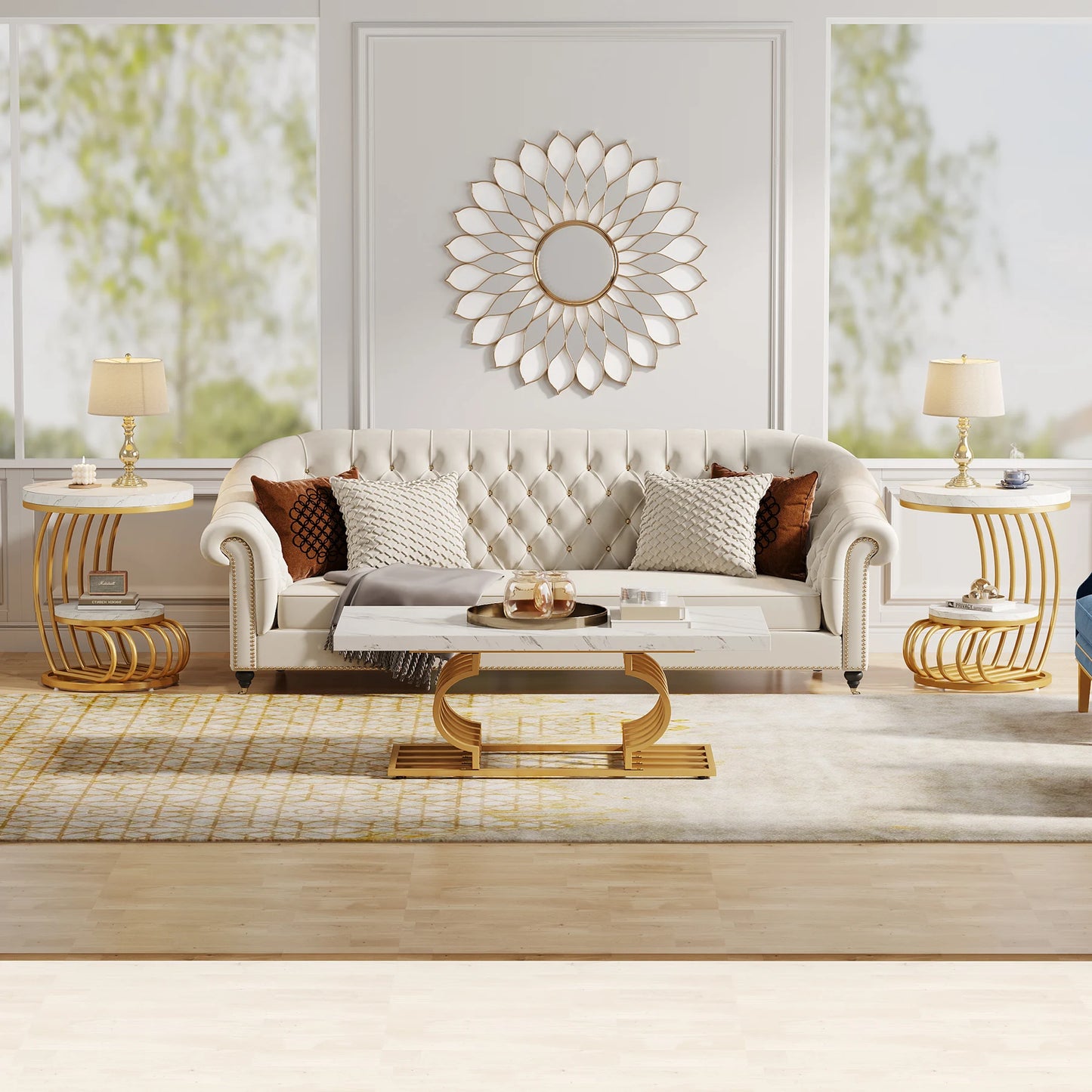 Gold Round End Table – Faux Marble Side Table with 2 Tier Storage Shelf & Stylish Metal Frame - ZOOMNSTORE