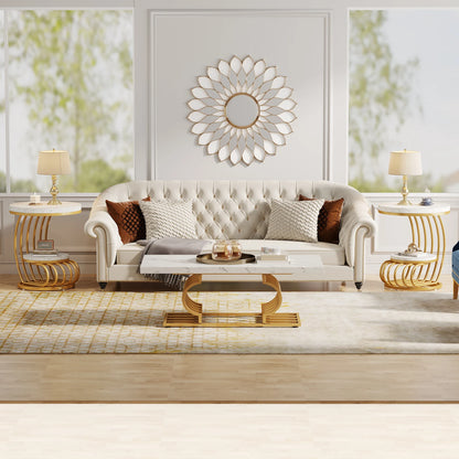 Gold Round End Table – Faux Marble Side Table with 2 Tier Storage Shelf & Stylish Metal Frame - ZOOMNSTORE
