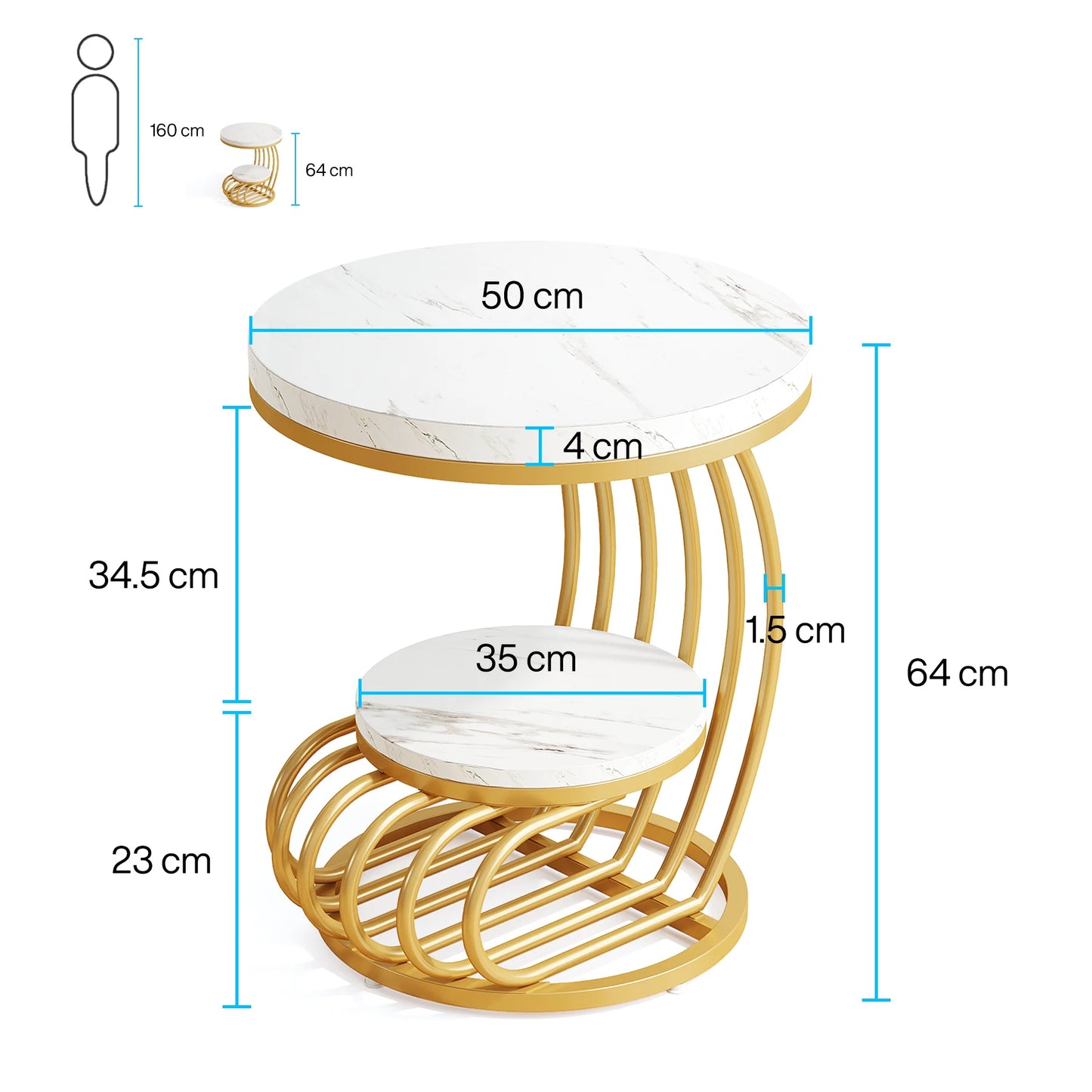 Gold Round End Table – Faux Marble Side Table with 2 Tier Storage Shelf & Stylish Metal Frame - ZOOMNSTORE