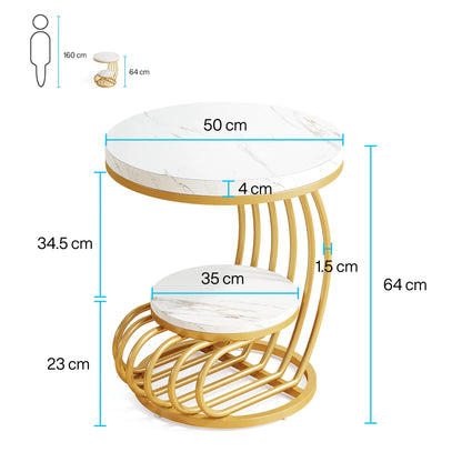 Gold Round End Table – Faux Marble Side Table with 2 Tier Storage Shelf & Stylish Metal Frame - ZOOMNSTORE