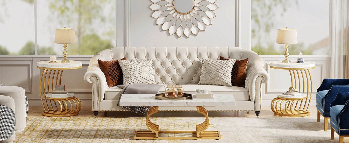 Gold Round End Table – Faux Marble Side Table with 2 Tier Storage Shelf & Stylish Metal Frame - ZOOMNSTORE