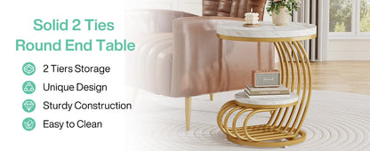 Gold Round End Table – Faux Marble Side Table with 2 Tier Storage Shelf & Stylish Metal Frame - ZOOMNSTORE