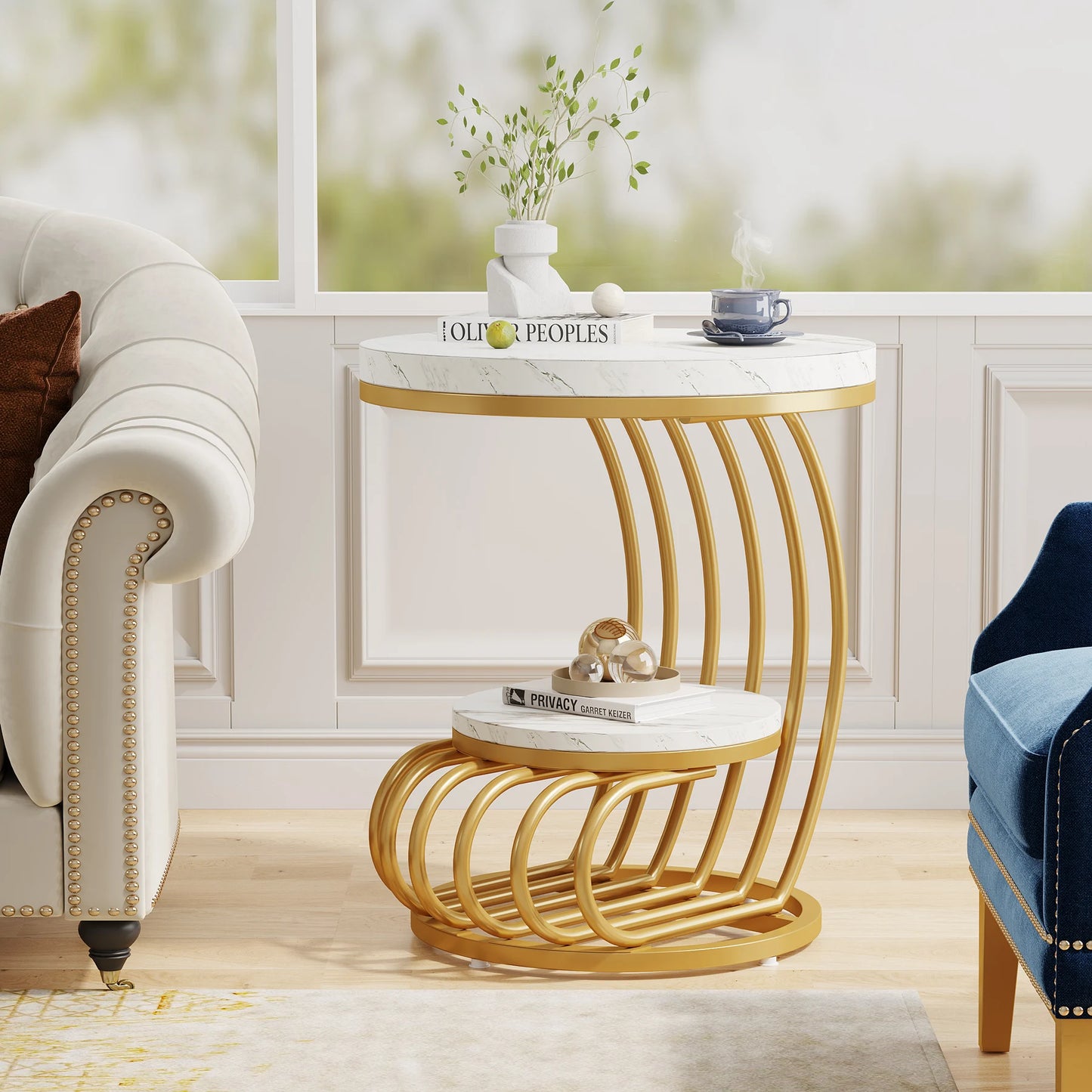 Gold Round End Table – Faux Marble Side Table with 2 Tier Storage Shelf & Stylish Metal Frame - ZOOMNSTORE