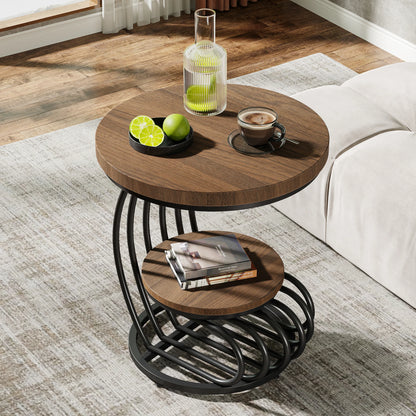 Gold Round End Table – Faux Marble Side Table with 2 Tier Storage Shelf & Stylish Metal Frame - ZOOMNSTORE
