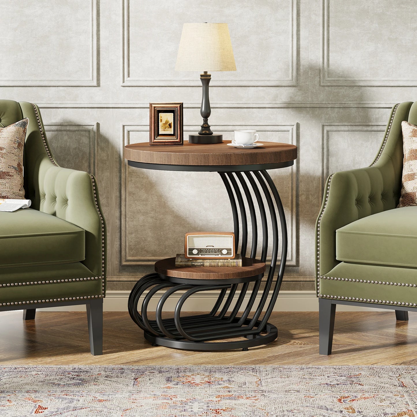 Gold Round End Table – Faux Marble Side Table with 2 Tier Storage Shelf & Stylish Metal Frame - ZOOMNSTORE