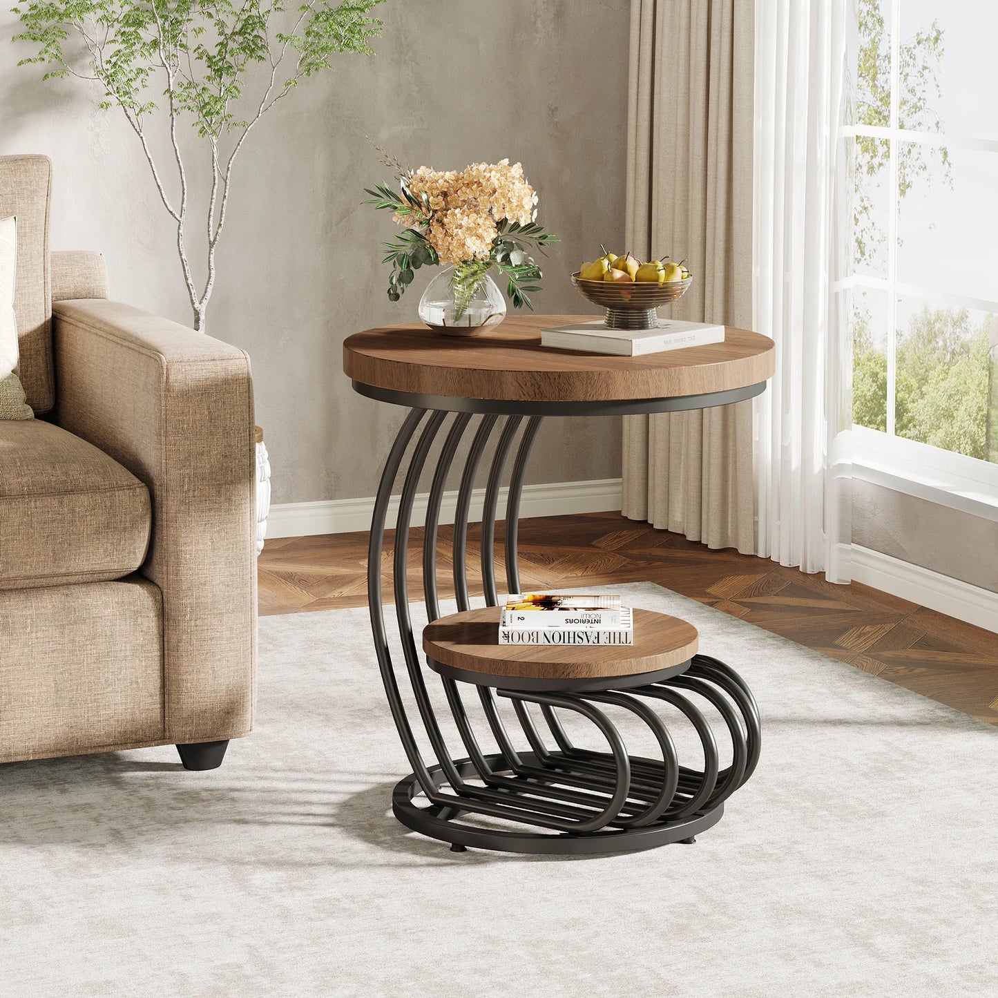 Gold Round End Table – Faux Marble Side Table with 2 Tier Storage Shelf & Stylish Metal Frame - ZOOMNSTORE