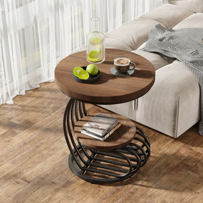 Gold Round End Table – Faux Marble Side Table with 2 Tier Storage Shelf & Stylish Metal Frame - ZOOMNSTORE
