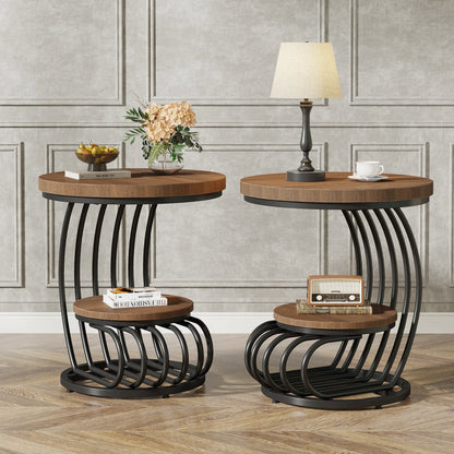 Gold Round End Table – Faux Marble Side Table with 2 Tier Storage Shelf & Stylish Metal Frame - ZOOMNSTORE