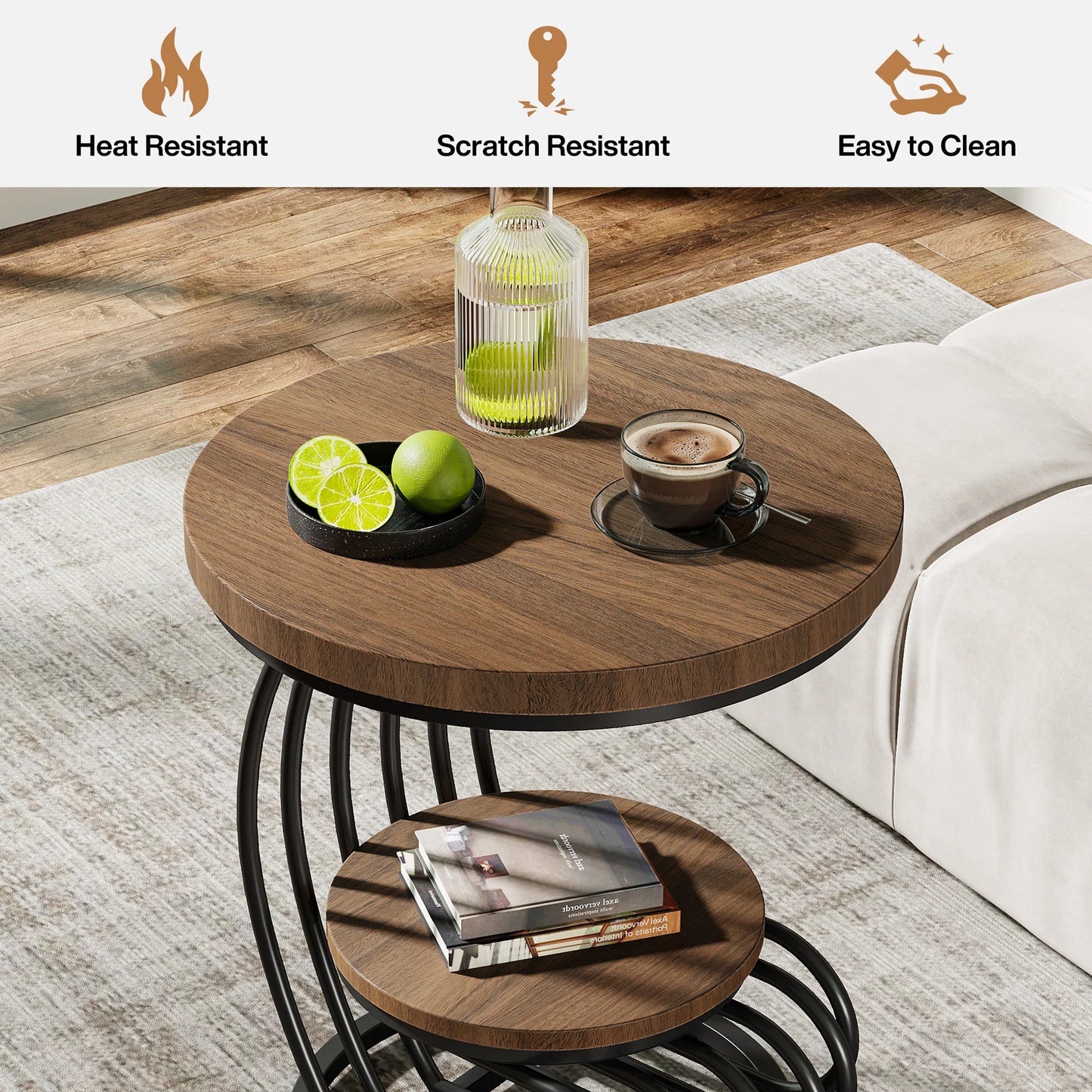 Gold Round End Table – Faux Marble Side Table with 2 Tier Storage Shelf & Stylish Metal Frame - ZOOMNSTORE