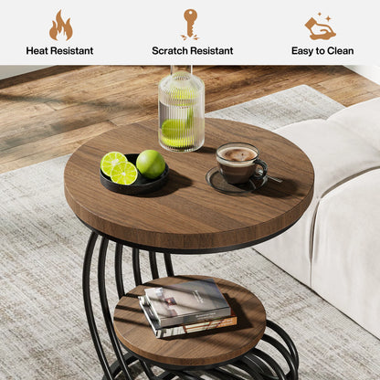 Gold Round End Table – Faux Marble Side Table with 2 Tier Storage Shelf & Stylish Metal Frame - ZOOMNSTORE