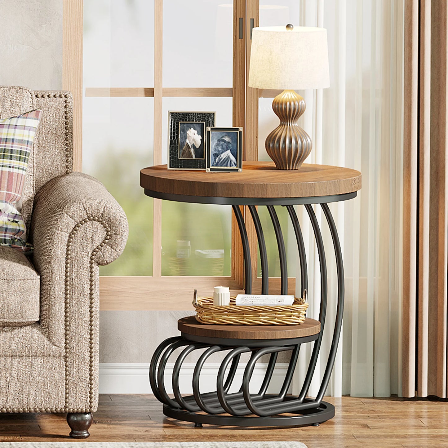 Gold Round End Table – Faux Marble Side Table with 2 Tier Storage Shelf & Stylish Metal Frame - ZOOMNSTORE