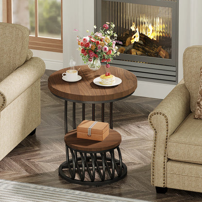 Gold Round End Table – Faux Marble Side Table with 2 Tier Storage Shelf & Stylish Metal Frame - ZOOMNSTORE