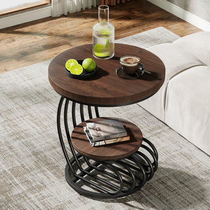 Gold Round End Table – Faux Marble Side Table with 2 Tier Storage Shelf & Stylish Metal Frame - ZOOMNSTORE