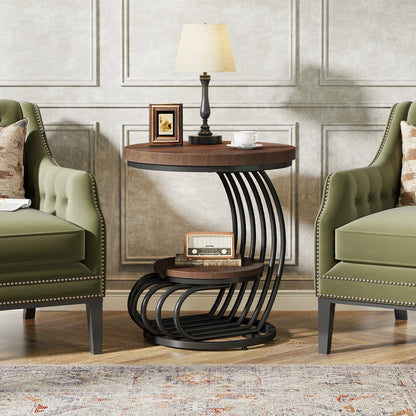 Gold Round End Table – Faux Marble Side Table with 2 Tier Storage Shelf & Stylish Metal Frame - ZOOMNSTORE