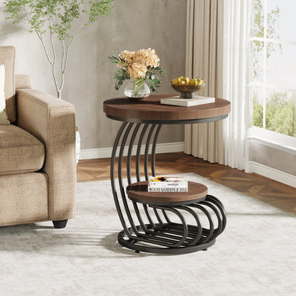 Gold Round End Table – Faux Marble Side Table with 2 Tier Storage Shelf & Stylish Metal Frame - ZOOMNSTORE