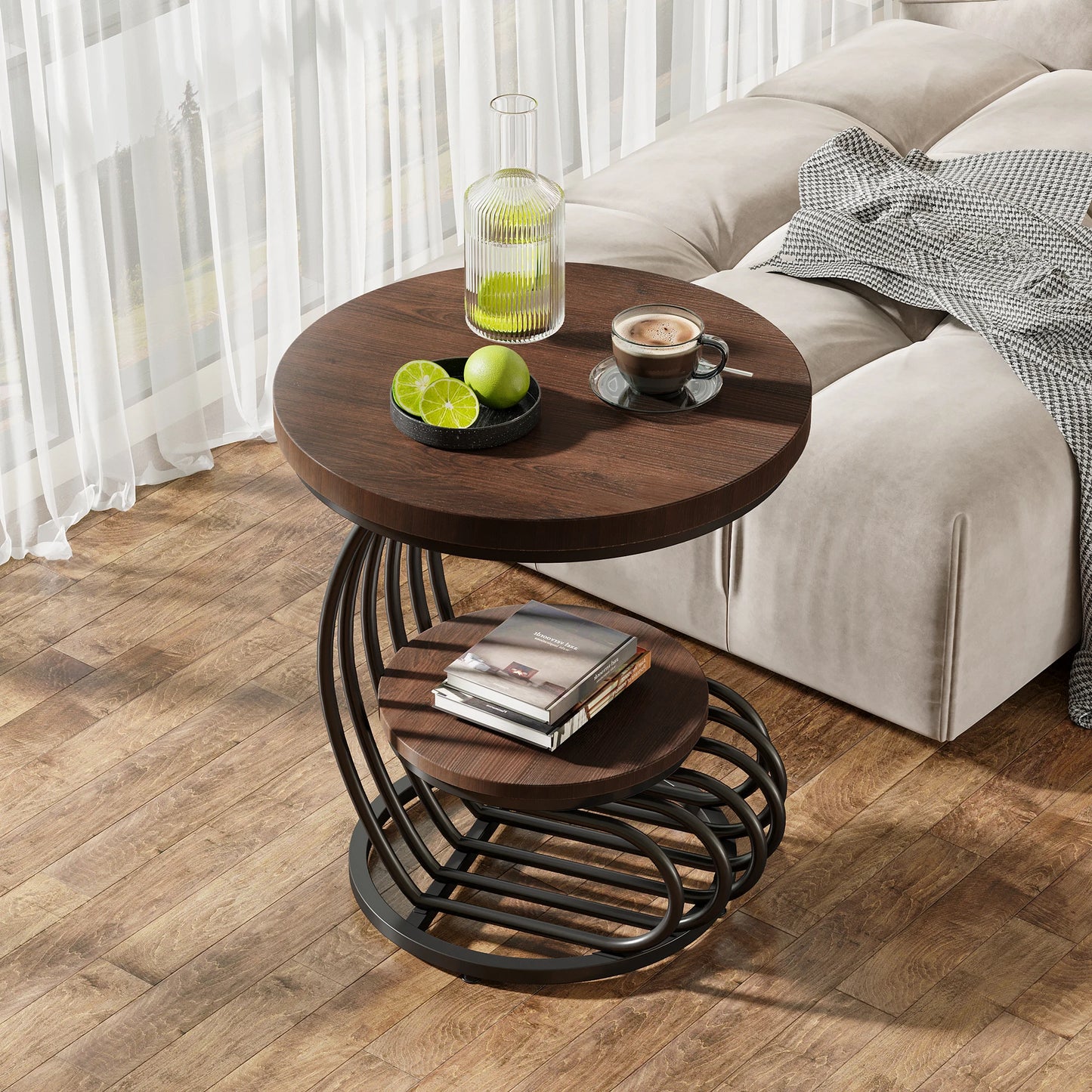 Gold Round End Table – Faux Marble Side Table with 2 Tier Storage Shelf & Stylish Metal Frame - ZOOMNSTORE