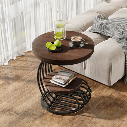 Gold Round End Table – Faux Marble Side Table with 2 Tier Storage Shelf & Stylish Metal Frame - ZOOMNSTORE