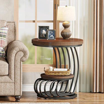 Gold Round End Table – Faux Marble Side Table with 2 Tier Storage Shelf & Stylish Metal Frame - ZOOMNSTORE