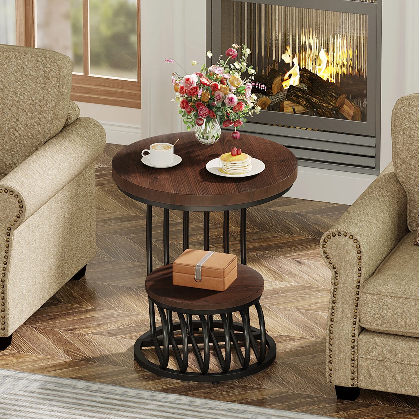 Gold Round End Table – Faux Marble Side Table with 2 Tier Storage Shelf & Stylish Metal Frame - ZOOMNSTORE