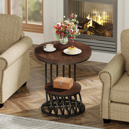 Gold Round End Table – Faux Marble Side Table with 2 Tier Storage Shelf & Stylish Metal Frame - ZOOMNSTORE