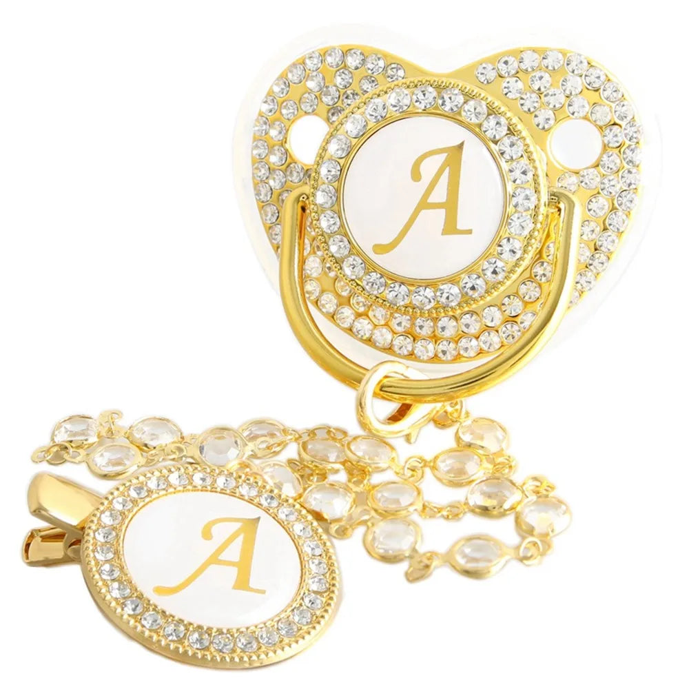 Golden Baby Pacifier With Diamond Chain Clip – Silicone, Rhinestone, Latex Free - ZOOMNSTORE